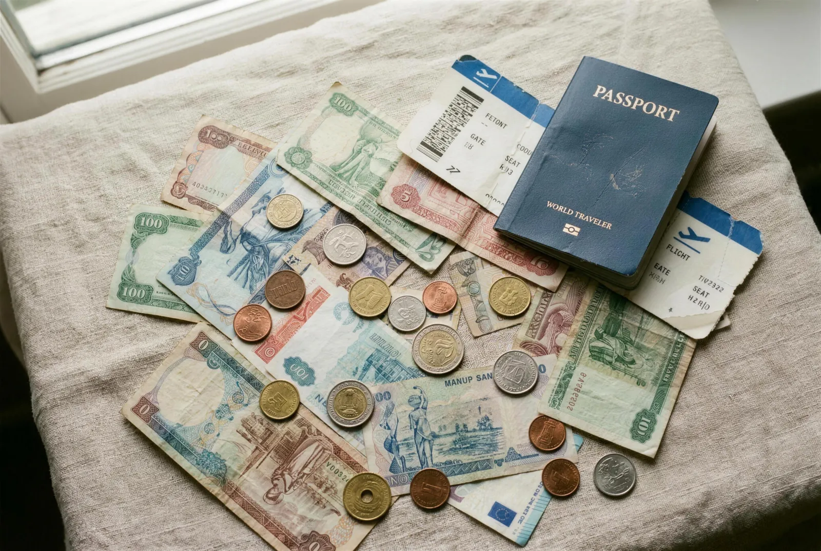 Foreign banknotes and coins beside a passport